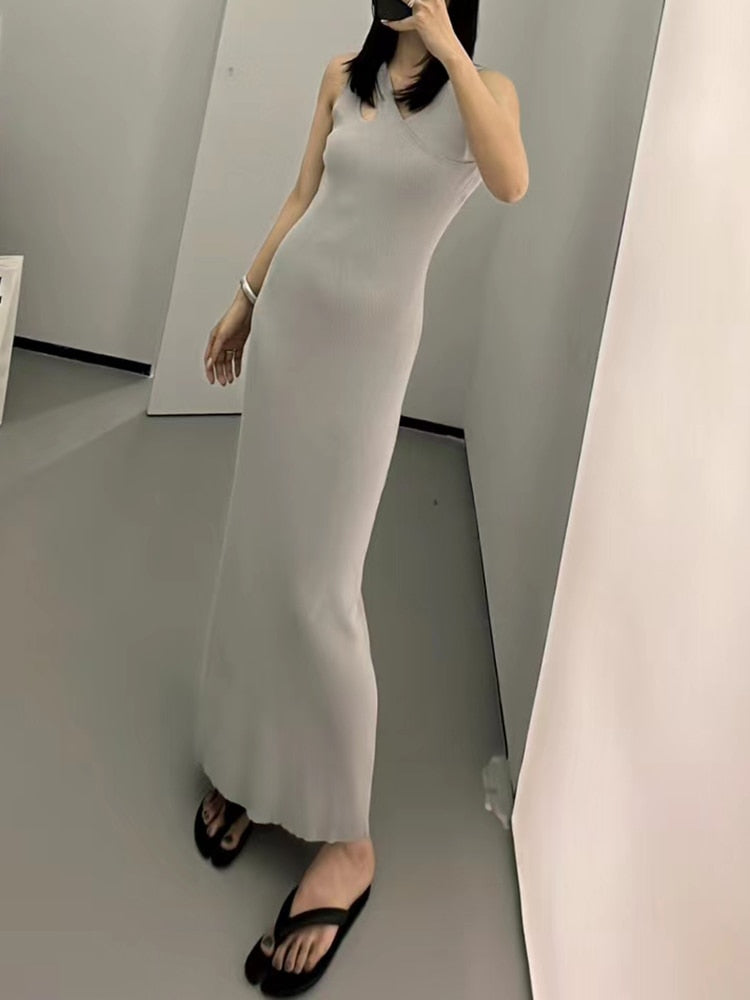 Minimalist Crisscross Dresses For Women Round Neck Sleeevless High Waist Hollow Out Slim Dress Female Fashion