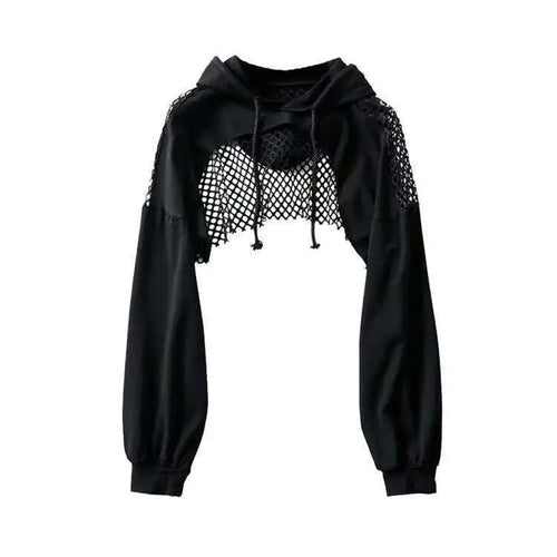 Load image into Gallery viewer, Black Hoodies Women Sexy Hollow Out Long Sleeve Crop Tops Mesh Patchwork Short Sweatshirt Hooded Streetwear Fall Tops
