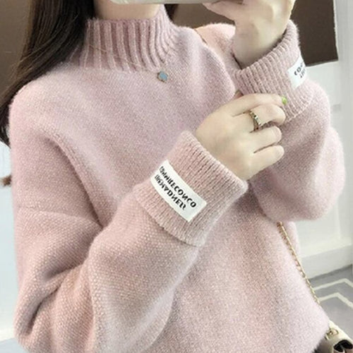 Load image into Gallery viewer, Women Half Turtleneck Sweater Autumn Loose Wool Pullover Knitted Jumper Long Sleeve Letter Top Casual Warm Ladies Blouse
