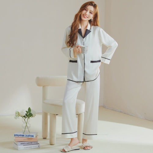 Load image into Gallery viewer, Spring Women&#39;s Imitation Silk Long-sleeved Cardigan Lapel Suit Casual Pajamas Home Clothes Solid Color Two-piece Sets
