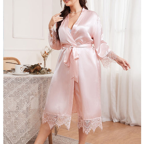 Load image into Gallery viewer, Plus Size Women&#39;s Pajamas Robe V Neck Silk Like Nightrobe Sexy Pink Lace Long Bathrobe Simple Elegant Sleepwear 4XL 5XL
