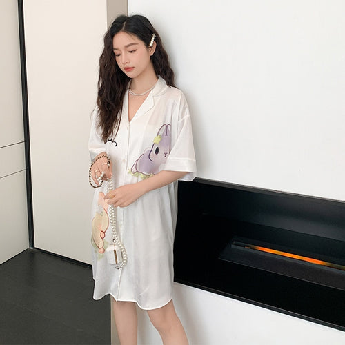 Load image into Gallery viewer, Women&#39;s Summer Lapel Leisure Pajamas Large Size Medium Long Skirt Nightgown Sweet Girls Cartoon Cardigan Home Clothes
