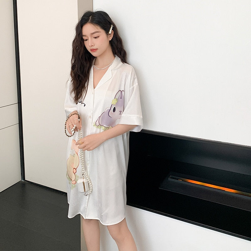 Women's Summer Lapel Leisure Pajamas Large Size Medium Long Skirt Nightgown Sweet Girls Cartoon Cardigan Home Clothes