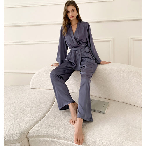 Load image into Gallery viewer, Women&#39;s Pajamas Set Solid Sleepwear Silk Like Casual Homewear V Neck Nightwear Simplicity Nightgown Femme пижама женская
