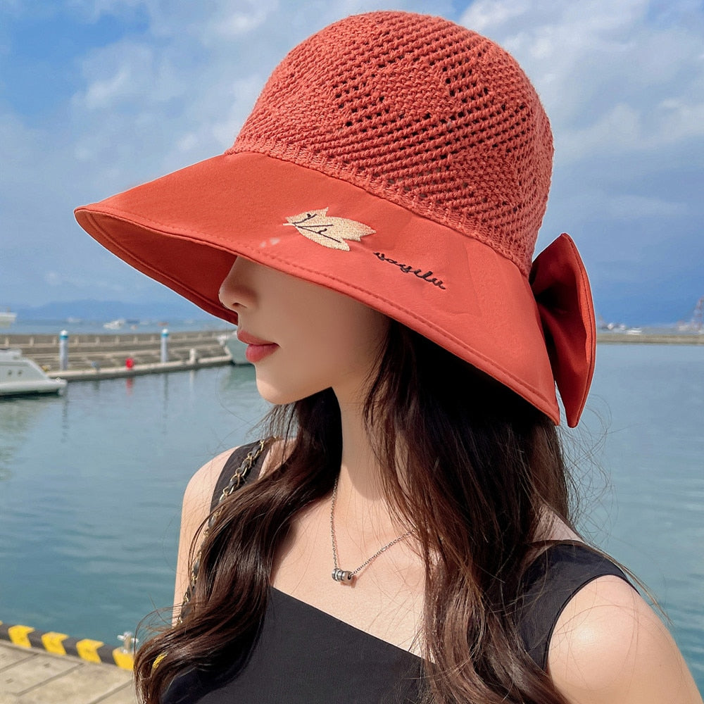 Summer Hats For Women Fashion Wide Brim Maple Leaf Pattern Design Sun Hat Sun Protection Travel Beach Bucket Hat