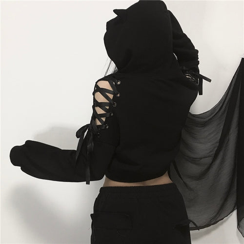 Load image into Gallery viewer, Harajuku Women Hoodies Black Gothic Hooded Bandage Long Sleeve Autumn Crop Top Sexy Club Pullover Streetwear Hoodies
