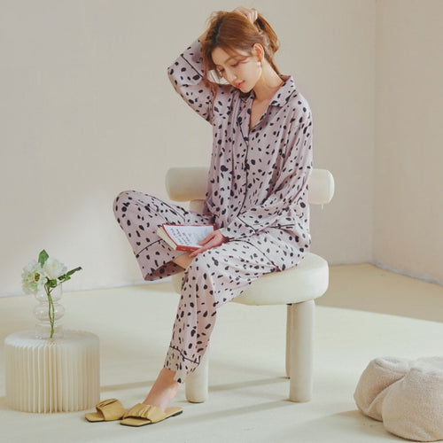 Load image into Gallery viewer, Women Imitation Silk Pyjamas Spring Summer Small Ink Dot Printed Long-sleeved Trousers Cardigan Suit Casual Home Clothes
