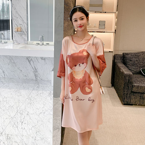 Load image into Gallery viewer, Satin Nightwear Women Short Sleeve Silk Sleeping Dress Casual Sweet Girl Loose Nightdress Summer Mid Length Pajama Skirt
