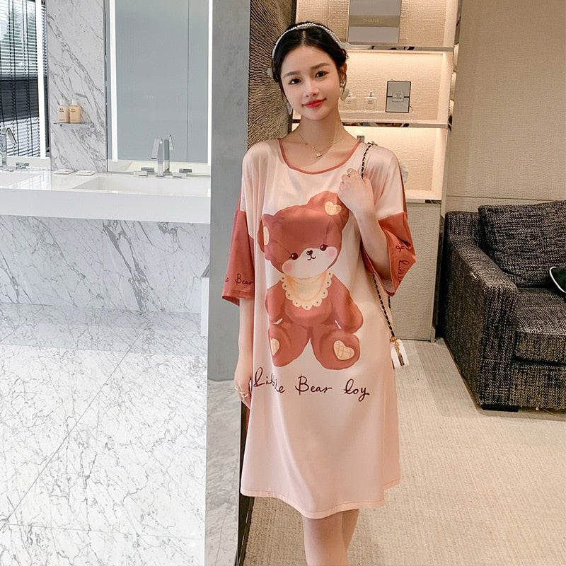 Satin Nightwear Women Short Sleeve Silk Sleeping Dress Casual Sweet Girl Loose Nightdress Summer Mid Length Pajama Skirt