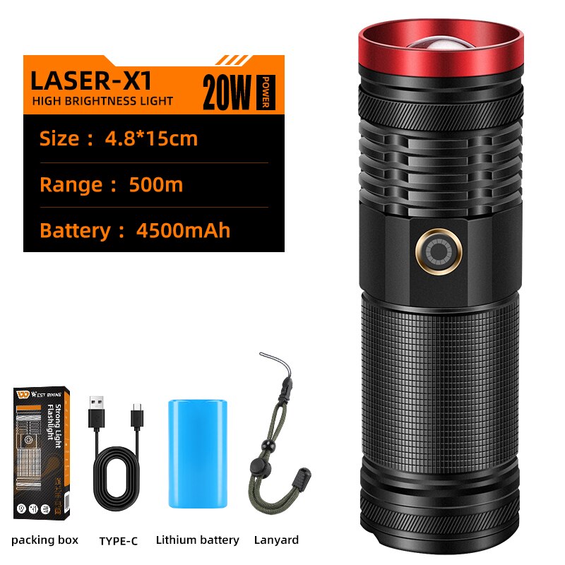 Powerful Outdoor Portable Led Flashlight Telescopic Zoom Long Range Spotlight USB Rechargeable Camping Hiking Light