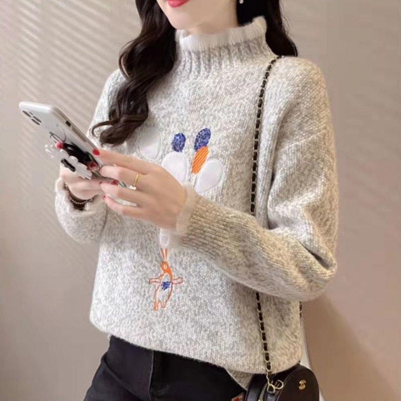 Women Half Turtleneck Sweater Autumn Loose Pullover Knitted Jumper Long Sleeve Cute Embroidery Casual Korean Ladies Tops