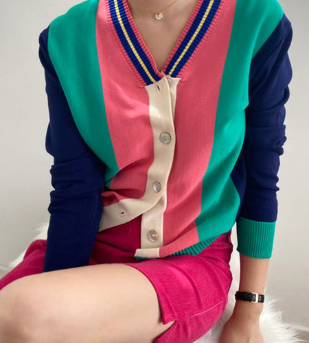 Design Striped Women Cardigan Sweater Korean V Neck Button Up Winter Thin Jacket Long Sleeve Knit All Match Female Jumper