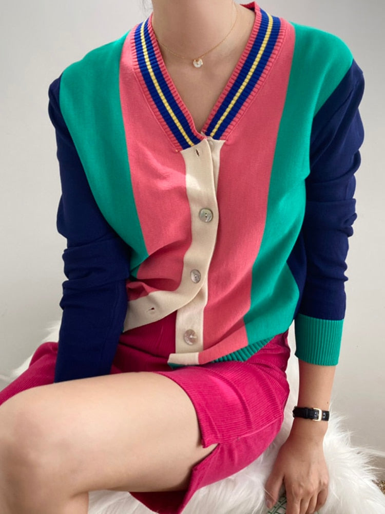 Design Striped Women Cardigan Sweater Korean V Neck Button Up Winter Thin Jacket Long Sleeve Knit All Match Female Jumper