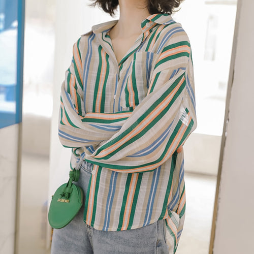 Load image into Gallery viewer, Chiffon Women Thin Shirts Korean Fashion Striped Long Sleeve Casual Pocket Button Up Shirt Designed Loose Female Spring Top
