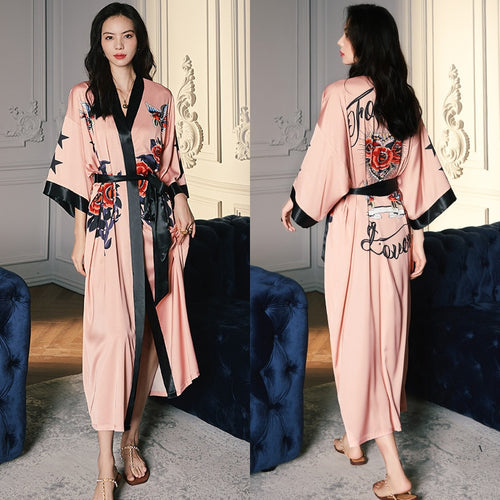 Load image into Gallery viewer, High Quality Women&#39;s Pajamas Long Robe Floral Sleepwear Silk Like Sexy Bathrobe Homewear Luxury Nightwear peignoir femme
