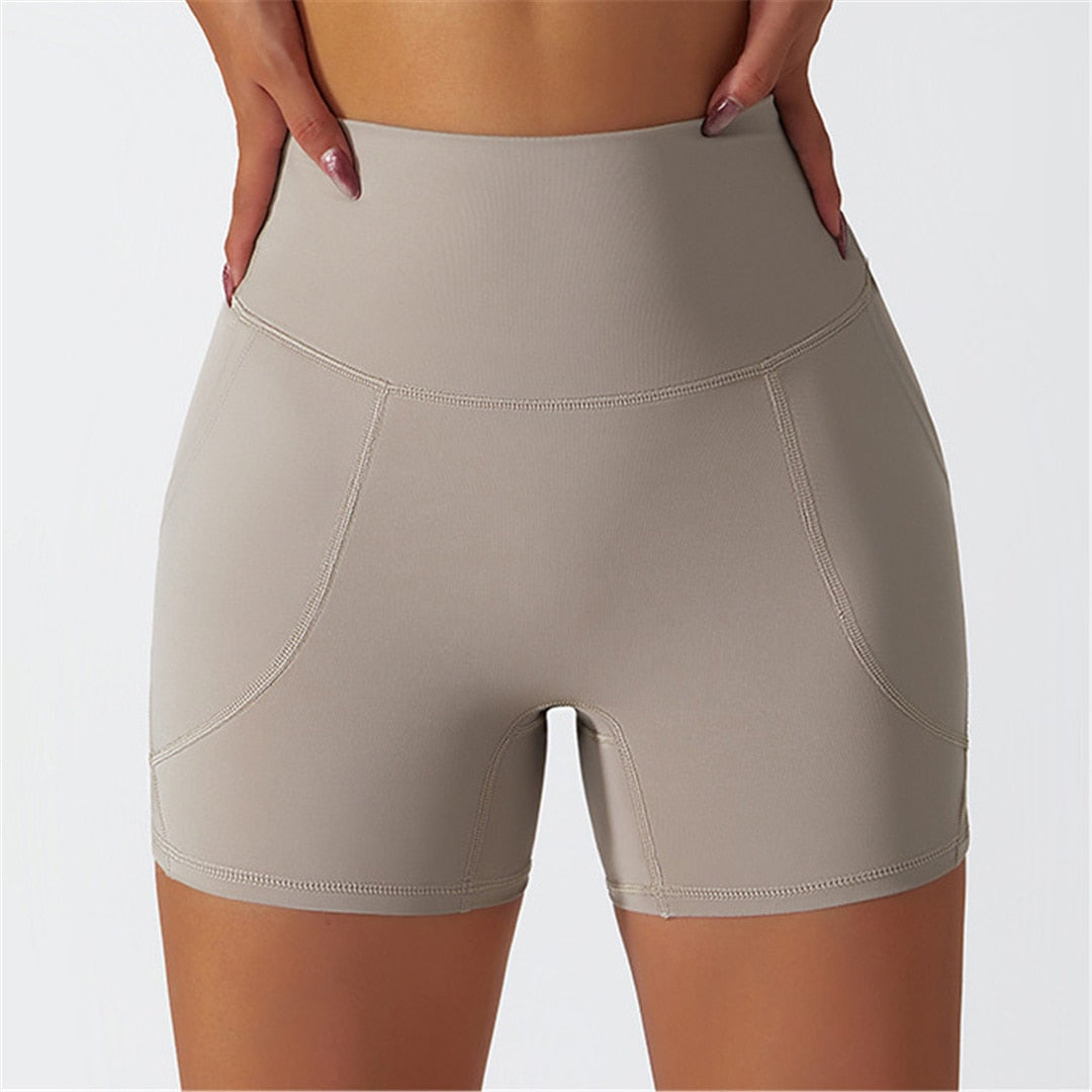 S - XL Seamless Shorts With Pocket Yoga Gym Sport Shorts Butt Lift High Waist Shorts For Women Breathable Fitness Clothing A086S