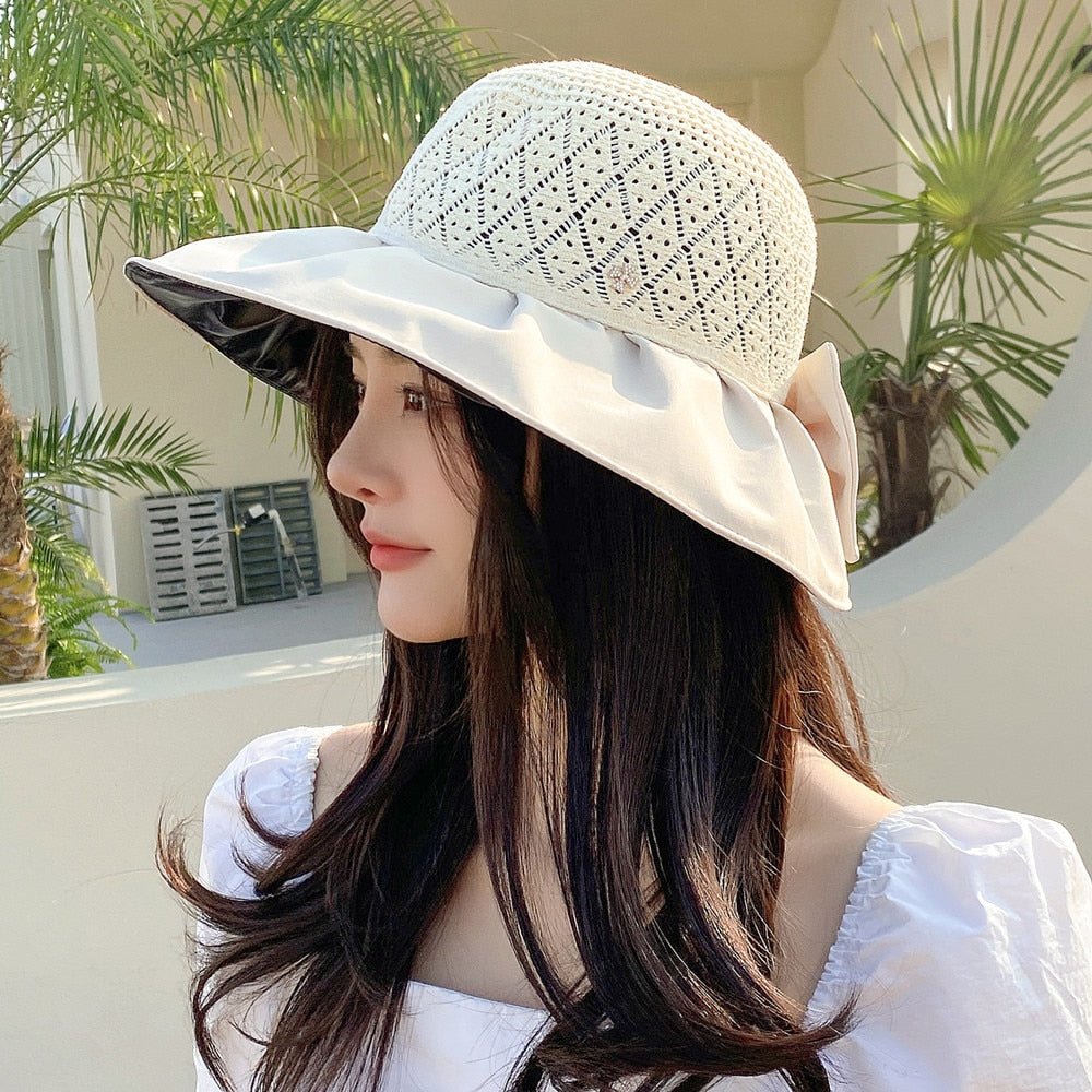 Women Summer Hats Wide Brim UV Protection Beach Straw Hat  Fashion Bow Design Sun Hat Outdoor Travel Hats