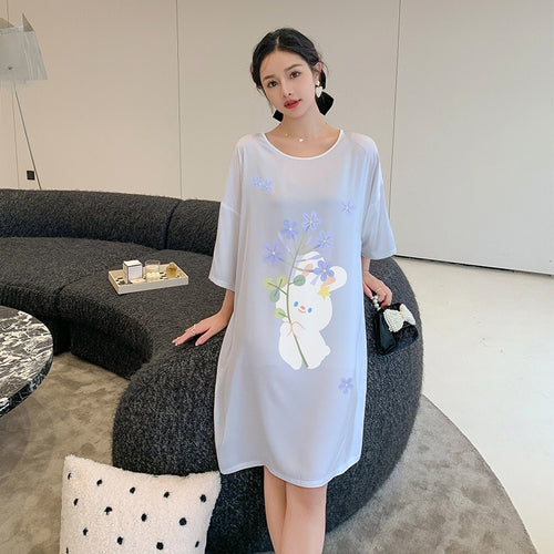 Load image into Gallery viewer, Women&#39;s Pajama Skirt Summer Thin Short Sleeve Medium Length Silk Like Nightwear Cartoon Nightdress Loose Home Clothing
