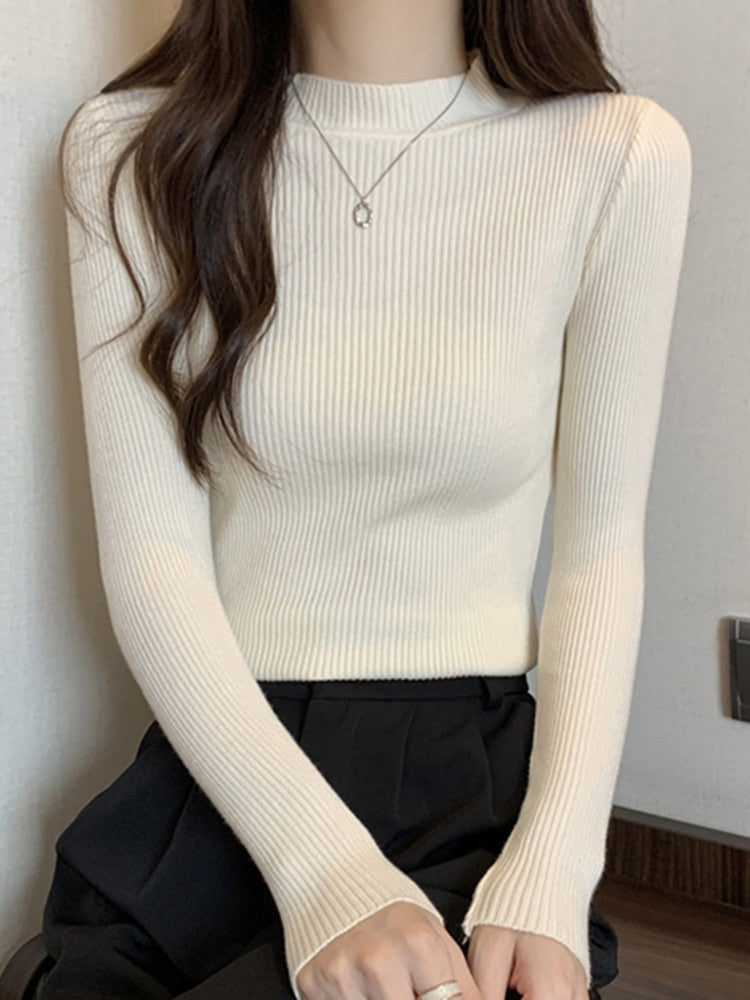 Simple Women Sweater Winter Stand Collar Fashion Pullover Elastic Knit Ladies Jumper Casual Solid Black Female Basic Tops