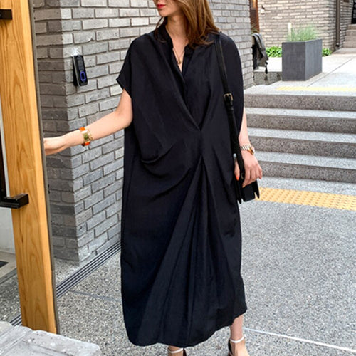 Load image into Gallery viewer, Fold Pleated Oversized Dress For Women Stand Collar Short Sleeve Loose Solid Midi Dresses Female Fashion Clothing
