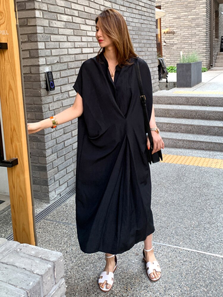 Fold Pleated Oversized Dress For Women Stand Collar Short Sleeve Loose Solid Midi Dresses Female Fashion Clothing