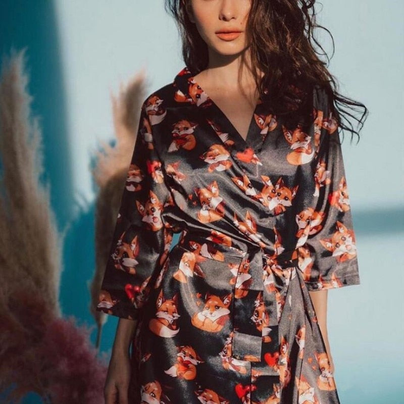 Fashion Fox Print Nightgown Simulation Silk Female Sleeping Pajamas Sexy Summer Large Size Bathrobe Home Clothes