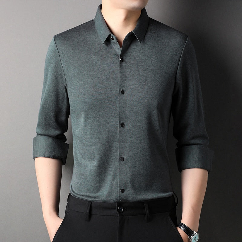 Top Grade Wool 4.7% Traceless Brand Man Fashion Designer Shirts Slim Fit Business Long Sleeve Casual Men Clothing
