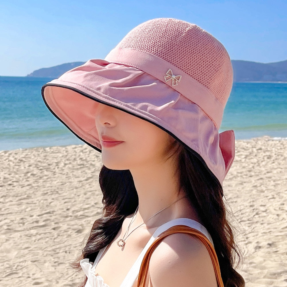 Women's Summer Sun Hat Fashion Hollow Bow Design Sun Cap Female Travel Beach Bucket Hat