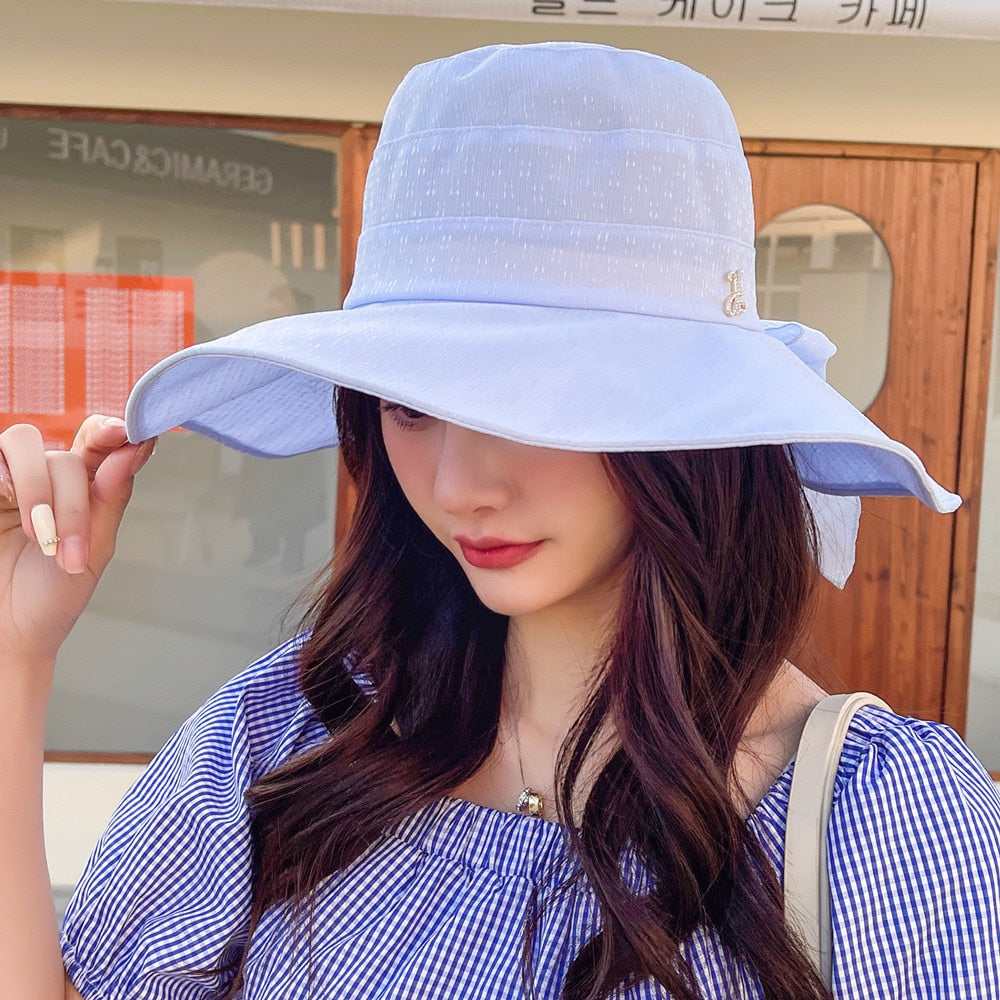 Women Summer Sun Hats Plain Color Fashion Bow Design Sun Hat Female Outdoor Sun Protection Travel Beach Hat