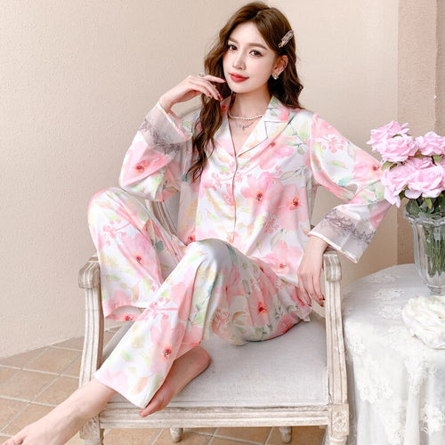 Load image into Gallery viewer, Luxury Women&#39;s Pajamas Thin Cool Simulation Silk Lapel Long Sleeve Home Clothing Set Satin Chiffon Leisure Homewear
