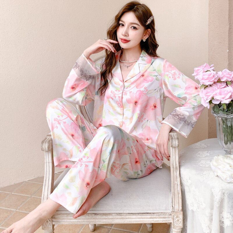 Luxury Women's Pajamas Thin Cool Simulation Silk Lapel Long Sleeve Home Clothing Set Satin Chiffon Leisure Homewear