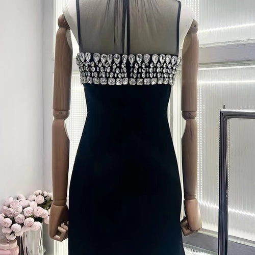 Load image into Gallery viewer, Hit Color Patchwork Mesh Dresses For Women Round Neck Sleeveless High Waist Spliced Diamonds Sexy Dress Female
