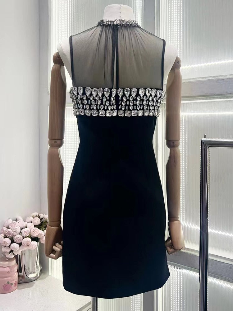 Hit Color Patchwork Mesh Dresses For Women Round Neck Sleeveless High Waist Spliced Diamonds Sexy Dress Female