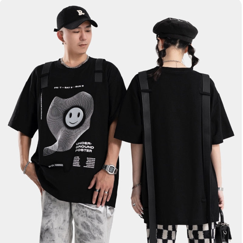 Hip Hop Fashion Print T-Shirt Mens Ribbon Design Loose Short Sleeve T Shirt 2022 Streetwear Cotton Harajuku Tshirt Tops WB781