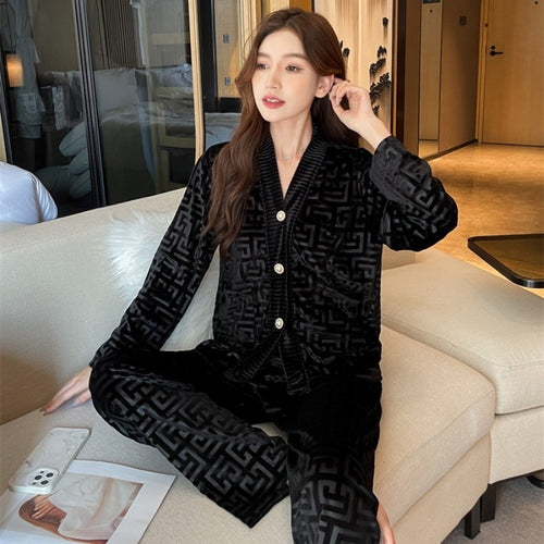 Load image into Gallery viewer, Women&#39;s Pajamas Set Velvet Luxury Pressed Stripes Pattern Sleepwear Casual Homewear V Neck Nightwear Pyjama Femme Petite
