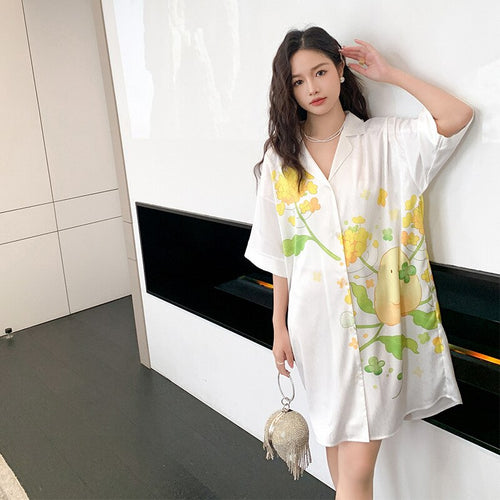 Load image into Gallery viewer, Women&#39;s Summer Lapel Leisure Pajamas Large Size Medium Long Skirt Nightgown Sweet Girls Cartoon Cardigan Home Clothes
