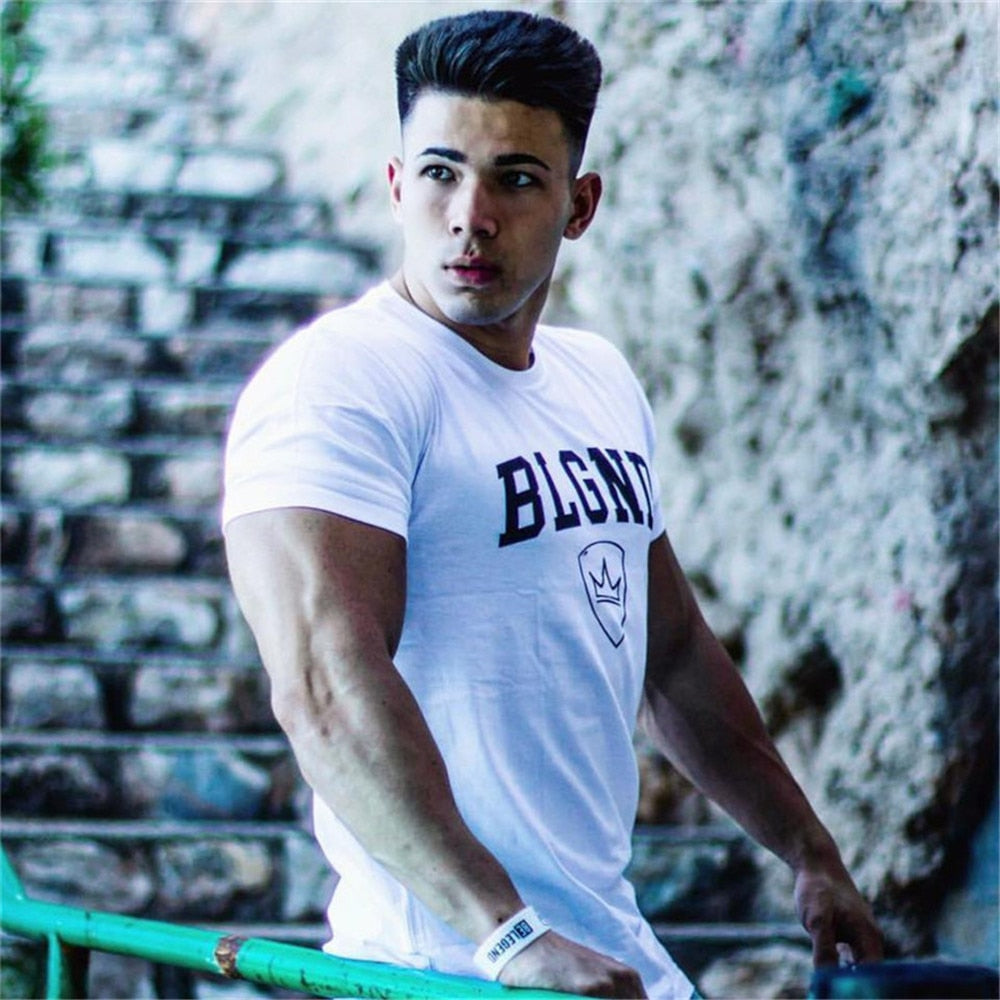 Black Casual Print T-shirt Men Fitness Bodybuilding Short Sleeve Shirts Gym Workout Cotton Tee Tops Male Summer Fashion Clothing