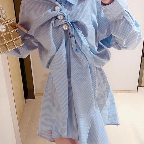 Load image into Gallery viewer, Casual Patchwork Pearl Dress For Women Lapel Long Sleeve Irregular Striped Shirt Dresses Female Fashion Spring
