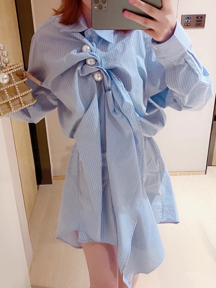 Casual Patchwork Pearl Dress For Women Lapel Long Sleeve Irregular Striped Shirt Dresses Female Fashion Spring