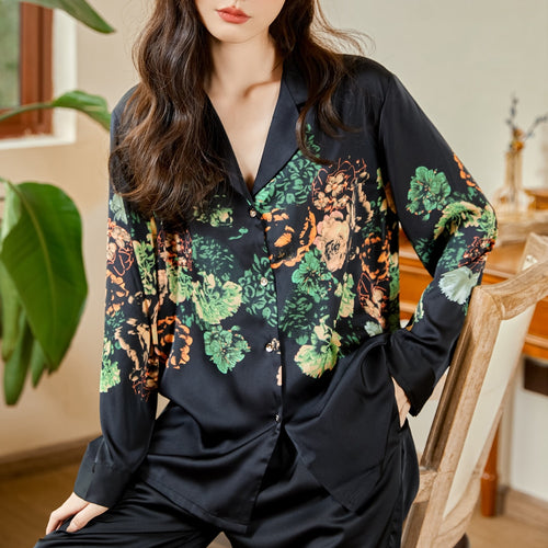 Load image into Gallery viewer, High Quality Luxury Women&#39;s Pajamas Flower Print Silk Like Sleepwear Two Piece Set Casual Breathable Leisure Homewear
