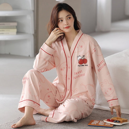 Load image into Gallery viewer, Women&#39;s Pajamas Set Cotton Cute Cartoon Print Sleepwear V Neck Homewear Casual Nightwear Femme Nightie for Girl
