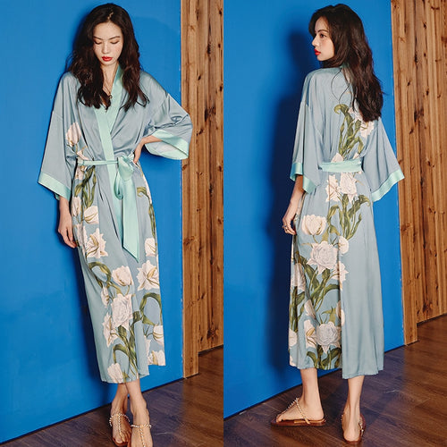 Load image into Gallery viewer, High Quality Women&#39;s Pajamas Long Robe Floral Sleepwear Silk Like Sexy Bathrobe Homewear Luxury Nightwear peignoir femme
