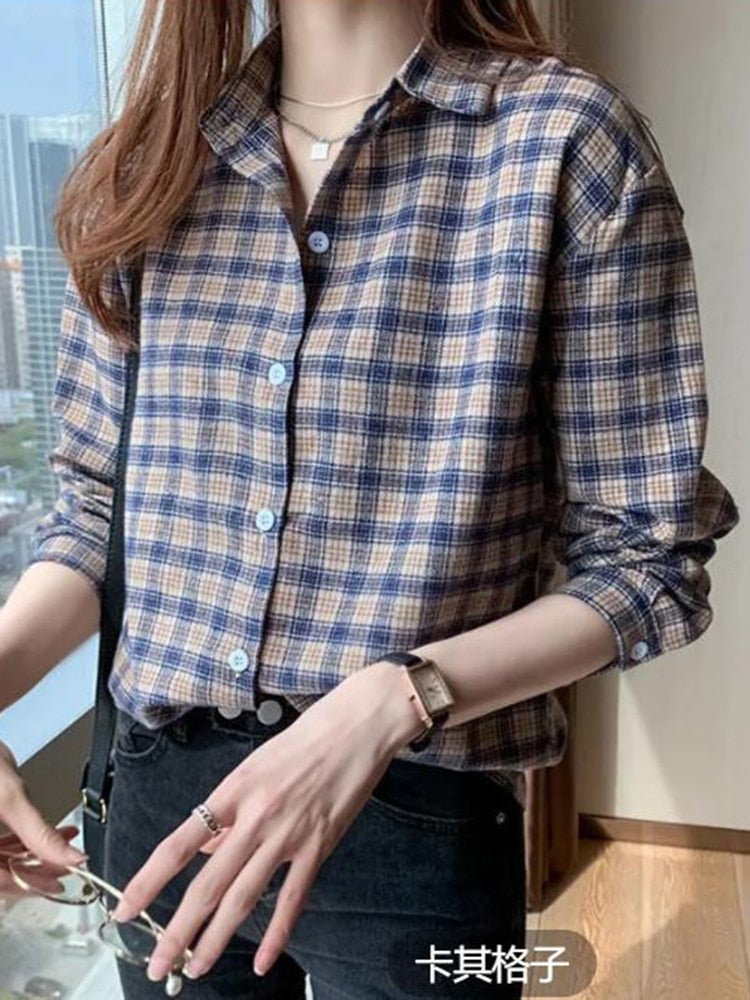 Pure Cotton Women Shirt Loose Fashion Button Up BF Ladies Plaid Shirt Casual Korean Long Sleeve Fall All Match Female Shirt