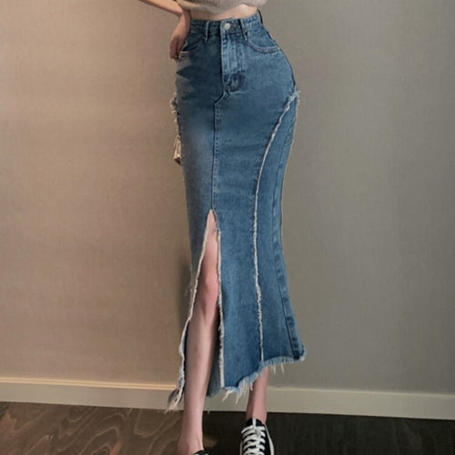 Load image into Gallery viewer, Irregular Women Mermaid Denim Skirt High Waist Blue Fashion Tassel Split Slim Female Korean Jeans Long Skirt
