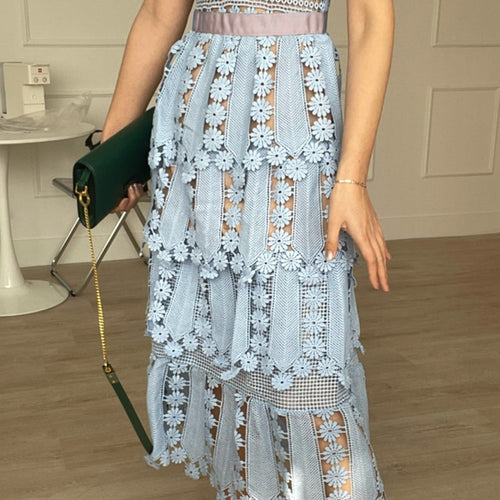 Load image into Gallery viewer, Elegant Blue Dress For Women Stand Collar Short Sleeve High Waist Cut Out Solid Midi Dresses Female Summer Clothing

