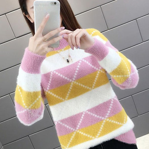 Load image into Gallery viewer, Argyle Women Pullover Sweater Winter Thick Warm Student Knitted Jumper Cute Pink Patchwork Korean Loose Ladies Coats
