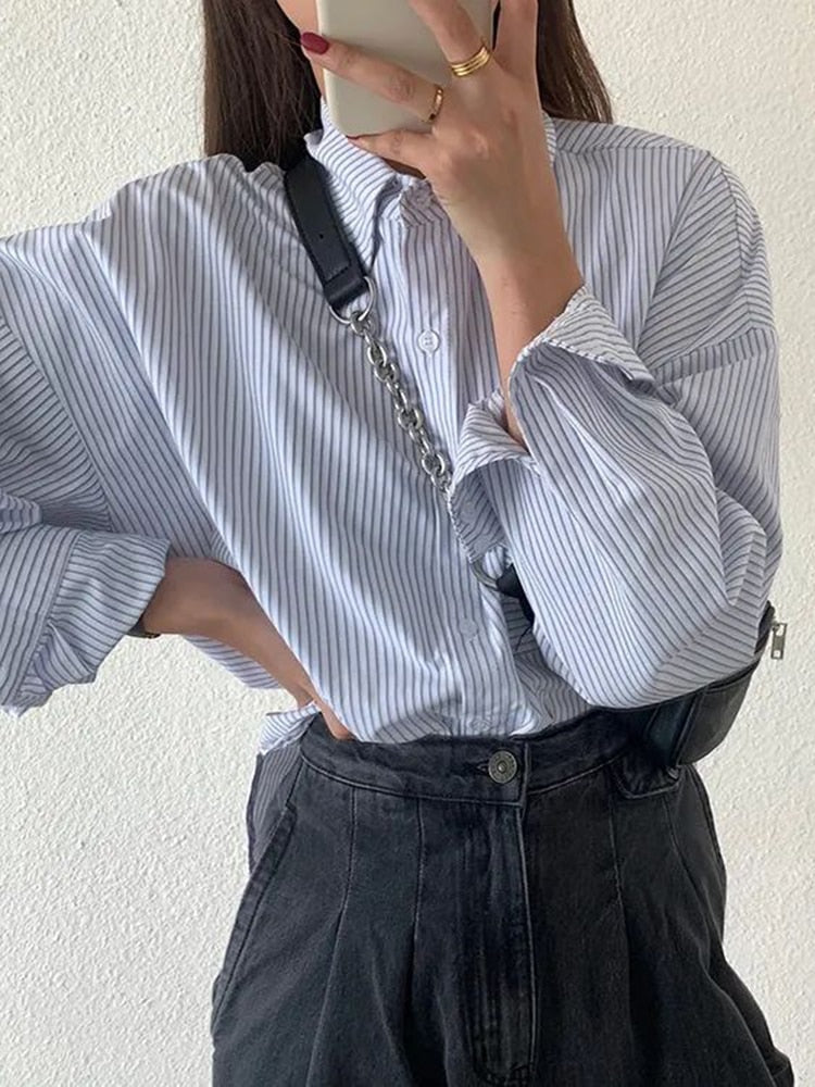 Fashion Striped Shirts Casual Pocket Korean Oversize Long Sleeve Button Up Shirt Fall Simple Student Ladies Tops