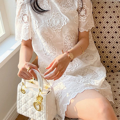 Load image into Gallery viewer, Patchwork Embroidery Dresses For Women Round Neck Short Sleeve High Waist Temperament Dress Female Fashion Clothing
