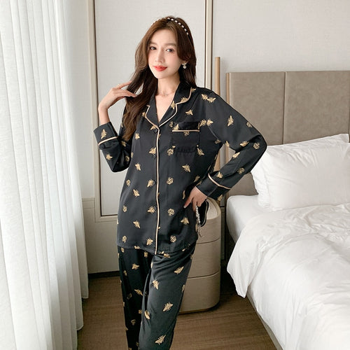 Load image into Gallery viewer, High Quality Women&#39;s Pajamas Set Fashion Bee Print Couple Sleepwear Silk Like Casual Homewear V Neck Men&#39;s Nightwear
