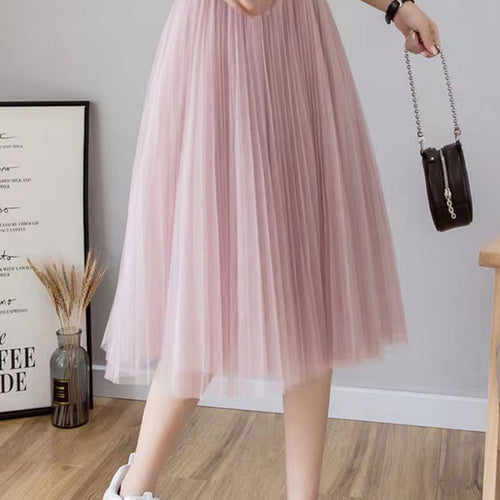 Load image into Gallery viewer, Elegant Women Tulle Skirt  Korean Fashion Mesh White A Line Ladies Pleated Skirt Summer Chic High Waist Black Party Faldas
